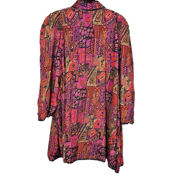 Vintage Silk Beaded Floral Sequin Jacket L Pink Avant Garde Swing Coat Patchwork - Picture 8 of 15
